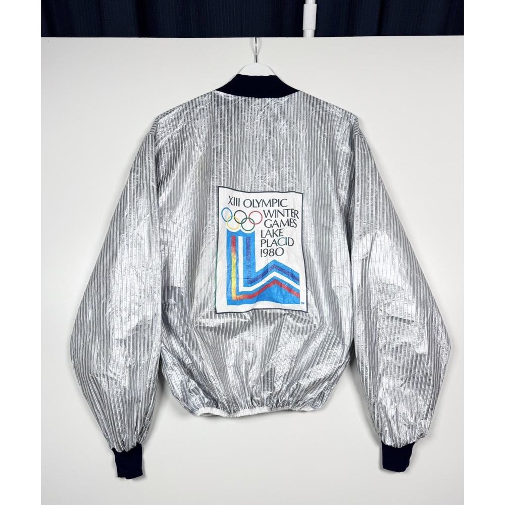 VTG 1980 Lake Placid Winter Olympics Metallic Silver Tyvek Jacket XL Fits Smallr